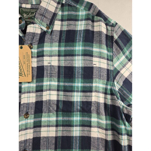 NEW Woolrich Midweight Flannel Shirt Blue Green Plaid Button Collar Men's Large - Picture 4 of 10